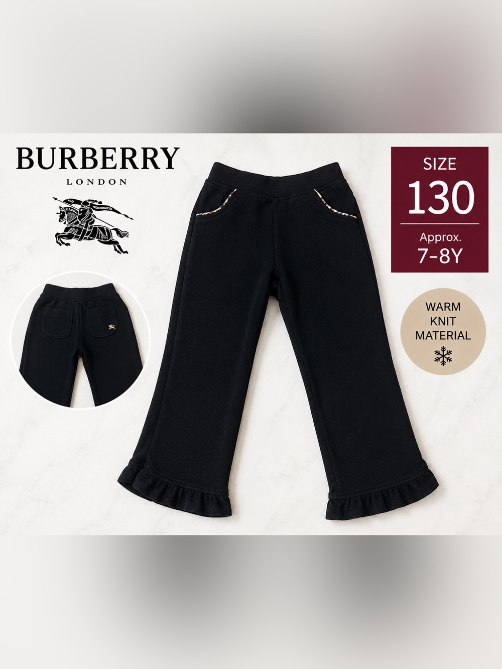 Burberry London Girls Black Warm Knit Pants – Size 130 (Approx. 7–8Y)